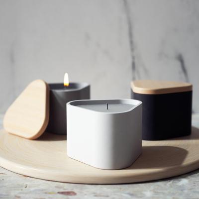 China Wholesale Modern Custom Decorative Luxury Concrete Logo Cement Candle Holder Home Decor Candle Jar Ships With Wooden Lid Bulk OEM for sale