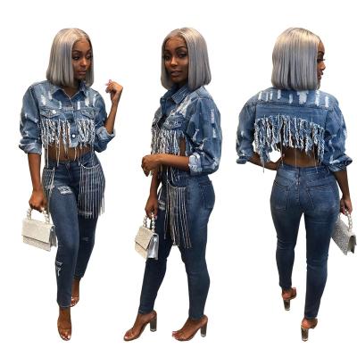 China Wholesale Women's Sexy Custom Jean Crop Jacket Bullet Logo Ripped Fringe Denim Jacket Fashion Breathable Cropped Jean Jackets Denim Woman for sale