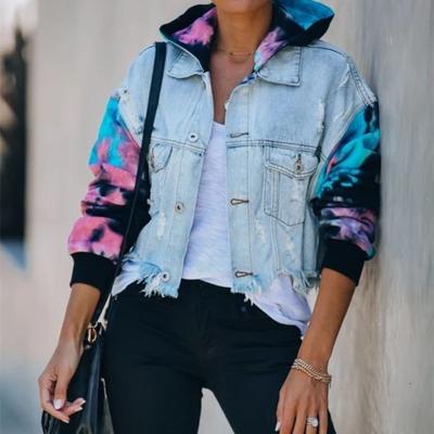 China Breathable Fashion Ripped Denim Jacket Women's Shirt 2022 Blue Jean Jacket Tie Dye Denim Hoodie New Denim Jacket Women's Shirt For Women for sale