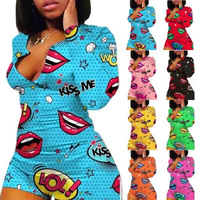 China QUICK DRY Adult Onesie Pajamas For Women V-Neck Bodycon Long Sleeve Romper Bodycon Jumpsuit Short Sleepwear Onesies Short Pajamas Onesies for sale