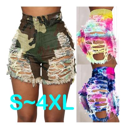 China Fashion New Summer QUICK DRY Sexy Cut Button Printed Tie Dyed Denim Shorts Plus Size Ripped Women's Jeans Shorts for sale