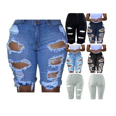 China Wholesale fashionable casual plain dyed high waist QUICK DRY ripped jeans jeans short pants for woman for sale