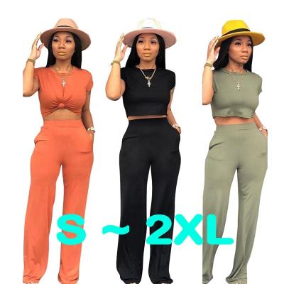 China Anti-Wrinkle Fashion Summer Custom Solid Crop Top Flare Pants Overalls Women Casual Two Piece Set Clothing for sale