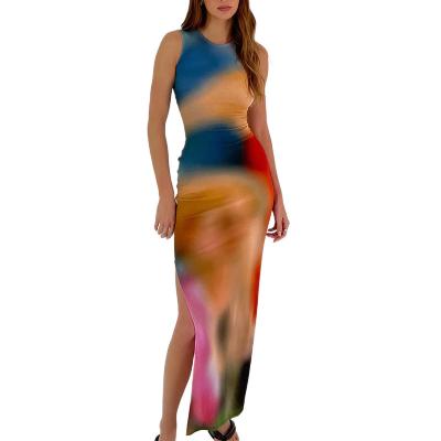 China 2022 summer women's fashion unique sleeveless graffiti Anti-wrinkle printing temperament dress split sexy long dress for sale