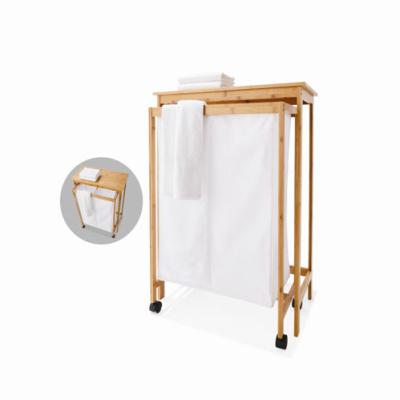 China CLASSIC Bamboo Laundry Basket and Shelf, 2 Section Laundry Basket with Removable Liner, Double Compartments Laundry Organizer and Storage for sale