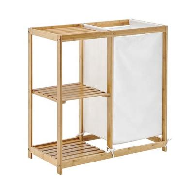 China CLASSIC Bamboo Organizer Laundry Cabinet with Removable Sliding Bags and Shelf for Bathroom for sale