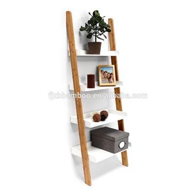 China Sustainable Bamboo Bookcase Ladder Shelf Unit With 4 Shelves Made Of Bamboo for sale