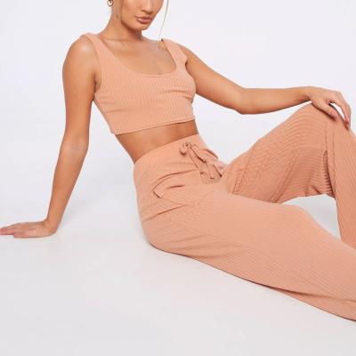 China Breathable private label fashion 2 piece lounge set women rib crop top and wide leg pants lounge wear set for sale