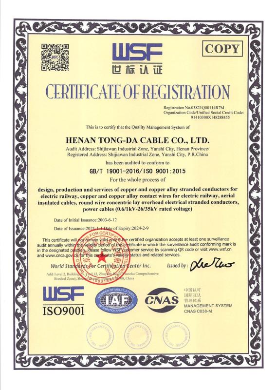 ISO9001 - Henan Tong-Da Cable Co., Ltd.