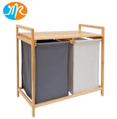 China Modern Bamboo Laundry Basket And Shelf 2 Sections Laundry Basket for sale