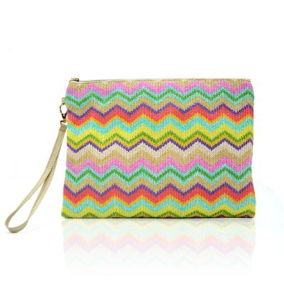 China Bohemian Custom PP Weave Stripes Clutch Bag With Strap Straw Summer Beach Bag For Women Wet Bekini Bag for sale