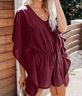 China 2021 New Polyester Summer V-neck One-piece Loose Breathable Playsuits Wide Leg Overalls Women for sale