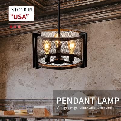 China Nordic Vintage HUAYI Vintage Design Iron E26 Kitchen Pendant Light Nordic Wood Restaurant Decoration Chandelier for sale