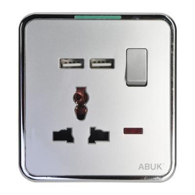 China ABUK Residential/Multipurpose Dual USB Universal Wall Switched Socket Push Button 13A 250V Home Electrical Outlet Metal With 3*3 Inches Neon for sale