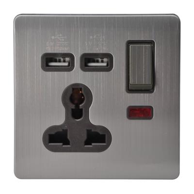 China ABUK Residential/Multipurpose Dual USB Universal Wall Switched Socket Push Button 13A 250V Home Electrical Outlet Metal With Neon for sale