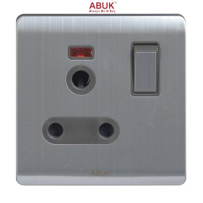 China ABUK 15A Residential / General Purpose UK Wall Switched Socket Push Button 250V 3*3 Inches Electrical Outlet Metal Home With Neon for sale