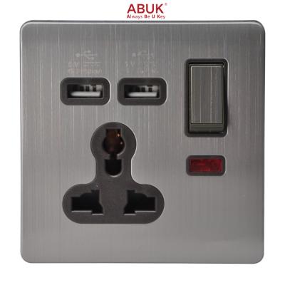 China ABUK 13A Universal Residential Wall Switched Socket USB Push Button 250V 3*3 / Multipurpose Double Inches Home Electrical Outlet Metal With Neon for sale