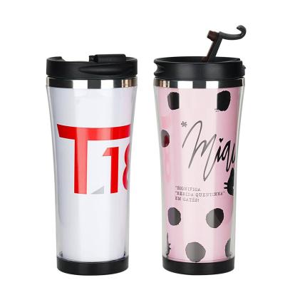 China 2019 Stocked Promotion DIY Plastic Double Wall Travel Coffee Mug With Advertising Paper Insert for sale