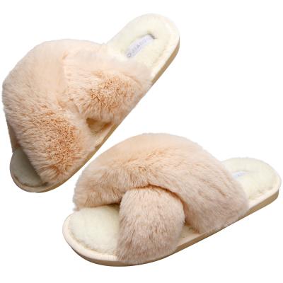 China Women's Indoor Or Outdoor Plush Cross Stripe Women's Fashion Trend Soft Fleece Bedroom Fur Slippers for sale