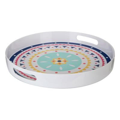 China Factory direct sale custom print viable melamine round serving tray with handle perfect for indoor and outdoor use for sale