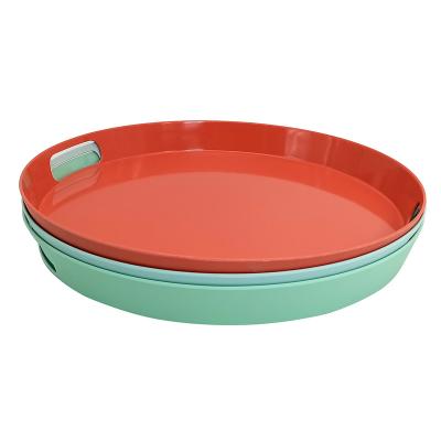 China Sustainable Universal Custom Color Melamine Round Serving Tray With Handle for sale