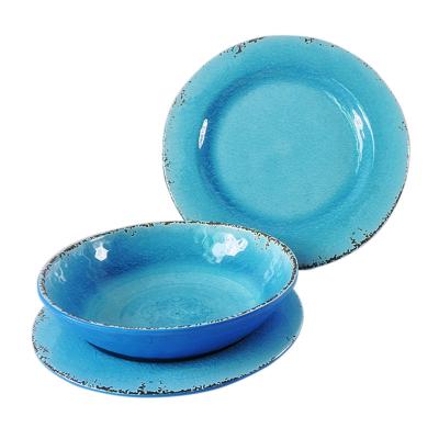 China Print Viable Custom Made Rustic Aqua Factory BSCI Melamine Blue Melamine Dinner Set of 3 for sale