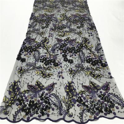 China Viable Wholesale African Handmade Black And Purple Sequins Beads Embroidery Lace Fabric For Dress for sale