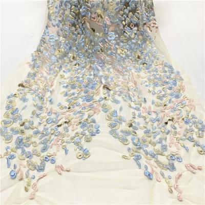 China 2019 Viable New Arrival Colorful Beaded Chiffon Flower Embroidery Lace Fabric For Wedding Dress for sale