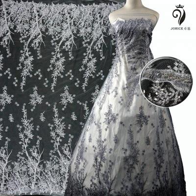 China Sustainable Embroidered Lace Material 3D Flower Beaded Gray Blue Sequin Lace Fabric Wholesale for sale