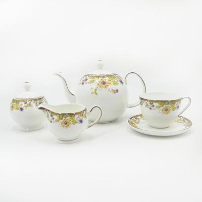 China Viable Wholesale Ceramic Flower Decal Gold Rim 15pc 17pc Bone China Tea Sets Gift Office Tea Coffee Set for sale