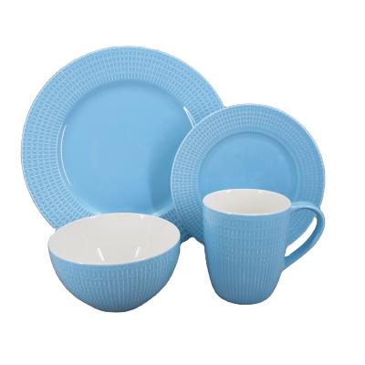 China Sustainable Wholesale 16pcs Color Double Glazed Sky Blue Ceramic Glazed Stoneware Dinnerware for sale