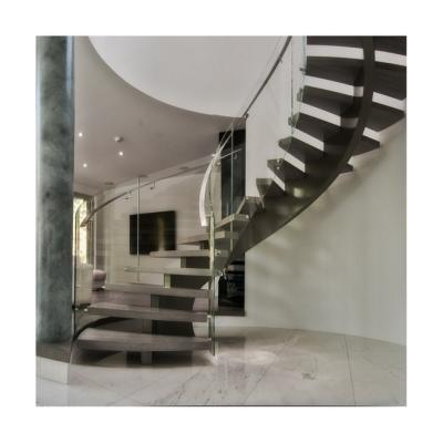 China Modern Free Standing Curved Stairs / Staircase With Clear Tempered Glass Railing For Lobby Use Indoor for sale