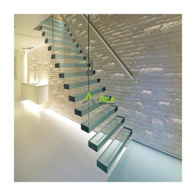 China Modern Hidden Stringer Design Tempered Laminated Glass Straight Glass Treads Floating Stairs for sale