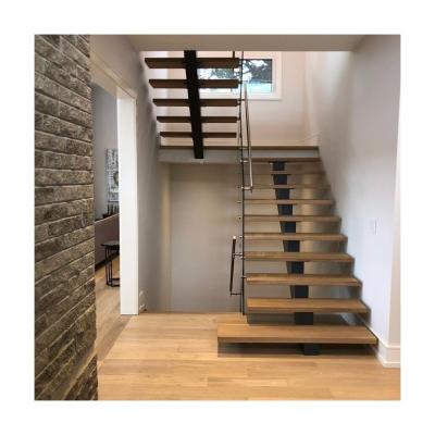 China Modern Open Riser Staircase Design With Stainless Steel Wood Railing Handrail Straight Mono Stringer Stairs for sale