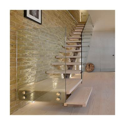 China Modern Customization Available Prefabricate Straight Stairs With Solid Wood Steps And Glass Balustrade for sale