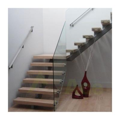 China Simple Design Modern Stairs Simple Mono Stringer With Solid Wood Glass Steps Railing for sale