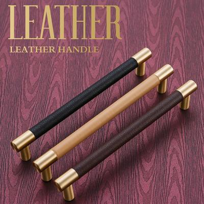 China Modern Brass and Leather Cabinet Knobs and Handles Drawer Wardrobe Bathroom Furniture Knobs Pull Handles Cabinet Handles Furniture for sale