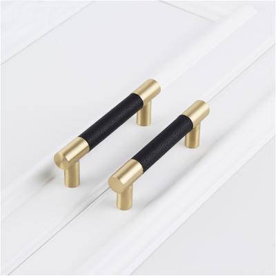 China Modern Drawer T Bar Leather Pull Handles 96mm-256mm Length Kitchen Door Cupboard Knobs Pulls Solid Brass Cabinet Handle With Leather for sale