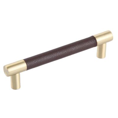 China 96mm-256mm Brass Door Handles Leather Furniture Door Handle Sideboard T Bar Pull Handle Modern Drawer Knobs With Leather for sale