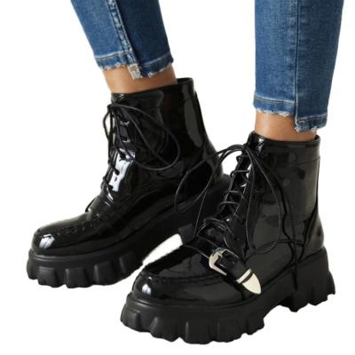 China 2021 New Arrival Anti-skid Shoes Patent Leather Chunky Motorcycle Boots For Women Solid Female Ankle Boots Fashion Platform Boots for sale