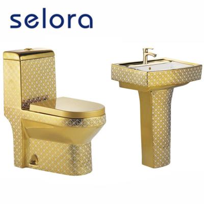 China Modern Golden Toilet Bathroom Suite , One Piece Wash Down Toilet , Three Pieces Golden Bathroom Suites for sale