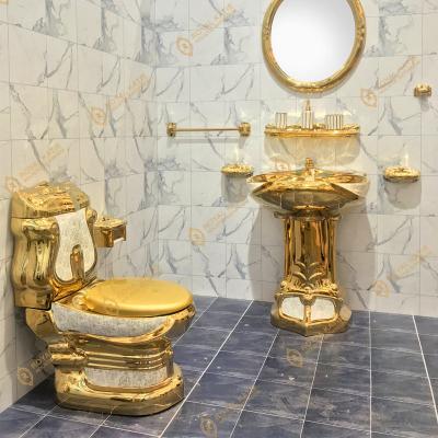 China Double-Flow Royal Vintage Color Bathroom Sanitary Ware Toilet Bowl Sink Gold Plated Luxury Ceramic Toilet Set and Pedestal Wash Basin for sale