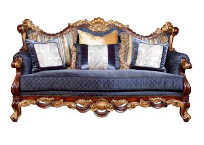 China Dark Bule Velvet 3 Seater Covered Wooden Sofa Designs Super Comfort for sale