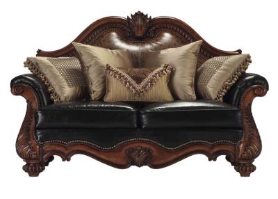 China Hand Carved Black Leather Sofa Couch Wooden American Style Sofa for sale