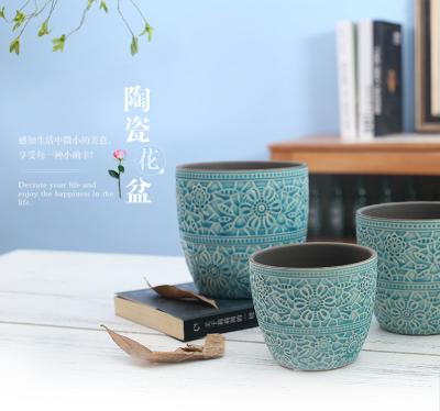 China Vase Family Office Decoration Color Luster Ceramic Embossed Flower Pot for sale