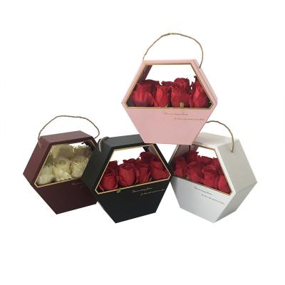 China Recyclable Preserved Portable Flower Box Hexagonal Window Flower Gift Box Soap Flower Box for sale