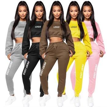 China 2020 New Arrivals QUICK DRY Solid Color Two Piece Sport Set Women Long Sleeve Thick Sweatshirt Crop Tops Pants for sale