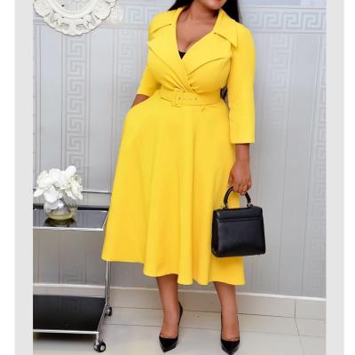 China Breathable Yellow Slashed Plus Size Pleated African Lady A Line Casual Midi Dress for sale