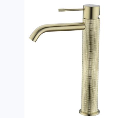 China Modern Classic Brushed Gold Hot And Cold Function Metered Faucets 2021 All Copper Knurled Basin Faucet for sale