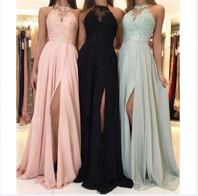 China Long Bridesmaid Dress 2020 Prom Dress Chiffon Long Evening Formal Dress Halter Neckline Appliques Slit Breathable Embroidery Breathable for sale